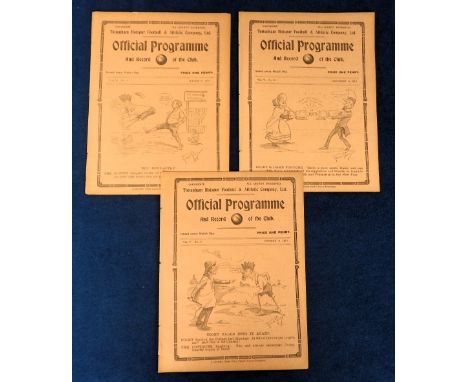 Football programmes, Tottenham Hotspur, three home programmes 1912/13 for games v Crystal Palace, London Challenge Cup 21 Oct