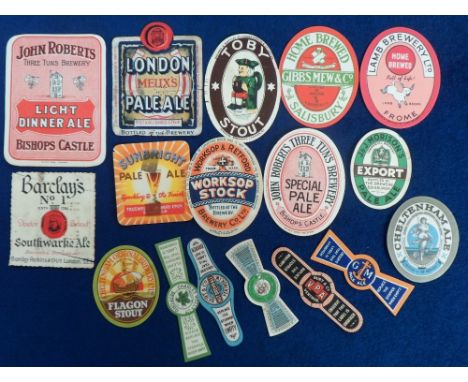 Beer labels, a mixed selection of 17 labels, Barclay's, Southwark Ale (cut in two places and sellotaped), Meux's Brewery, Lon