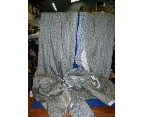 Two pairs of lined Curtains and pelmets in sage green and floral pattern, 50'' wide x 53'' drop and 100'' wide x 60'' drop an