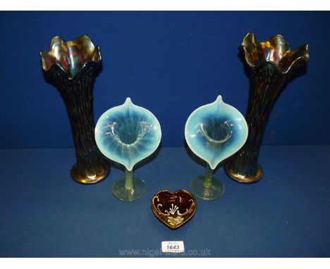 A pair of single stem vases in milk glass in the form of Arum Lilies, two carnival glass vases, one a/f and a red and gilt he