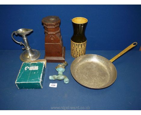 A wooden lamp base with 1868-1931 dates embossed, a/f, Hornsea vase, pewter candlestick, copper frying pan, etc.