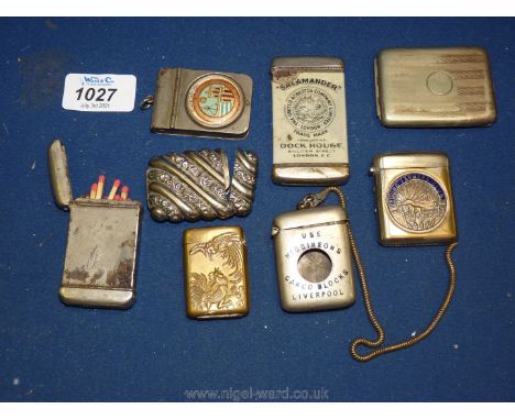 Eight vintage Vesta cases - some advertising, Jersey Young Farmer's Club, etc., including one celluloid wrapped advertising V