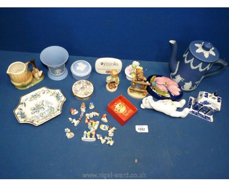 A small quantity of china to include; Moorcroft trinket pot, miniature Spode cup, Masons dish, dark blue Jasperware coffee po