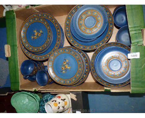 A box of West German 'Winterling' dinner and tea service in dark blue and orange floral design including eight dinner plates,