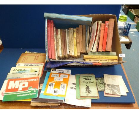 A box of vintage motoring and electrical books including Hillman Imp, Cortina, Corsair and VW Beetle workshop manuals, Ford A