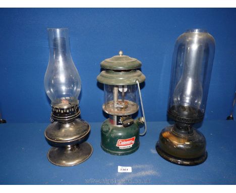 Three oil Lamps including Dartington/Wedgwood Lucifer lamp with glass base, Coleman 214 pressure lamp and another