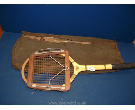 A vintage Blue Wing tennis racquet in a Dunlop clamp and canvas carrying case.  