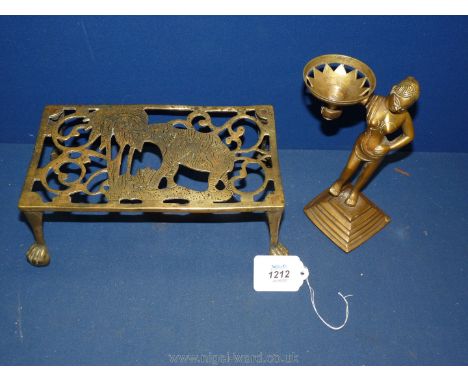 An unusual 19th c. Anglo-Indian brass Candlestick, the sconce supported by the figure of a divinity (in the Nuremberg style o