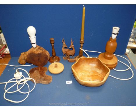 A quantity of Treen including Antelope, table lamp, oak candlesticks etc.