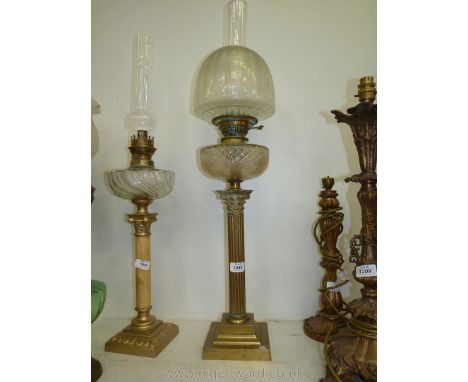 An Oil Lamp on brass corinthian column with clear cut glass reservoir and clear etched dome shade, 36'' tall approx  