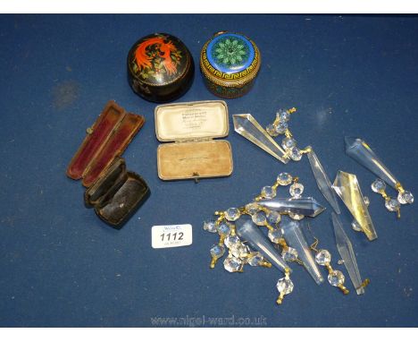 A small porcelain box, glass chandelier drops, small black trinket box, empty boxes etc.