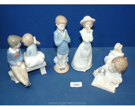 Four Nao figures including 'Repeat After Me', 4'' x 7 1/2'', 'First Love' 6 1/2'' tall and figures of a boy and girl praying,