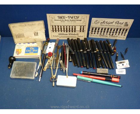 A quantity of calligraphy pens, Script and Rex pen nibs etc together with compass and precision drawing set pieces.