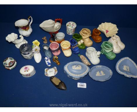 A small quantity of china shoes, Wedgwood Jasperware trinket dishes, Victorian Royal Worcester shell shape trinket dish a/f, 