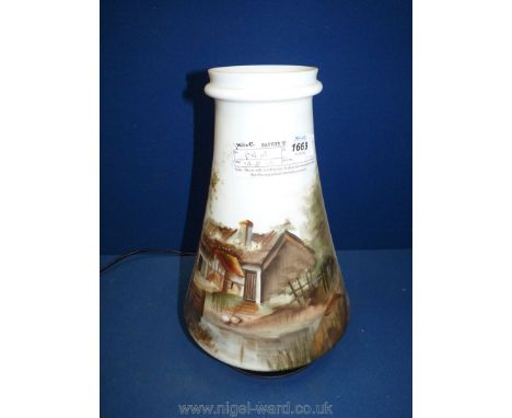 An opaque glass windmill shape table Lamp with painted country scene, 14" tall.