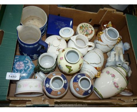 A quantity of china including dark blue Wedgwood Jasperware jug and bowl, Sadler lidded trinket dish, ginger jar, figures, et