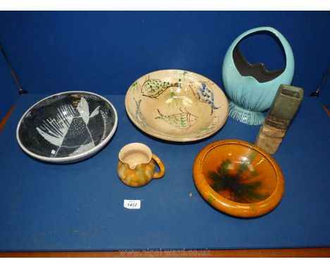 An Ewenny jug and bowl, fish design bowl marked 'Bell' and one other, blue and black basket shaped flower trough, etc.