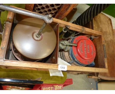 A wooden cased, vintage Eclipse Smoke Drain testing Machine consisting of a double action bellows and a copper cylinder encas