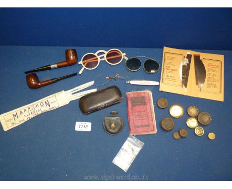 Miscellanea to include pipes, pipe tamper, vintage 'specs' and sunglasses, sets of brass weights etc.