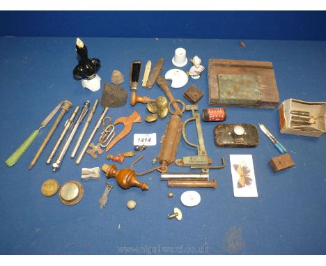 A small quantity of miscellanea including pocket knives, thermometers, crow pie funnel, ceramic lady pin cushion top, early p