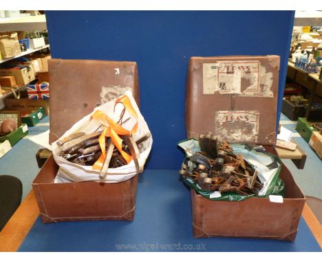 Two laundry/delivery boxes, ex-Brays Outfitters Malvern, circa 1930 together with a large collection of vintage coat hangers.