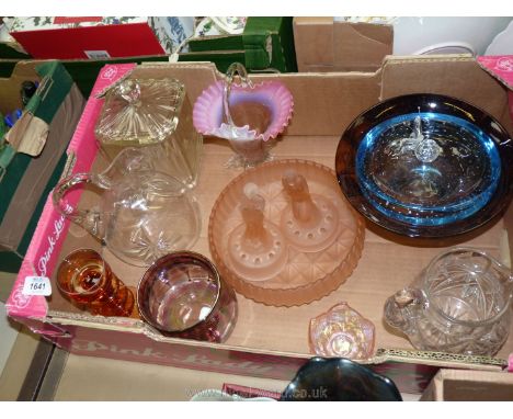 A quantity of glass including jugs, signed lustre vase, pink fluted basket (a/f), blue bubble bowl etc.