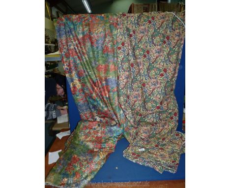 Two pairs of thick, floral pattern, lined Curtains, 52'' wide x 56'' drop and 64'' wide x 52'' drop.