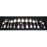 A mixed group of silver flatware; mostly 19th century, various patterns, dates and makers,
