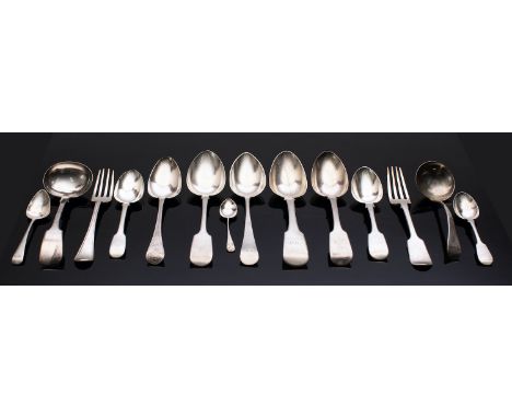 A mixed group of silver flatware; mostly 19th century, various patterns, dates and makers, including six table spoons, eight 