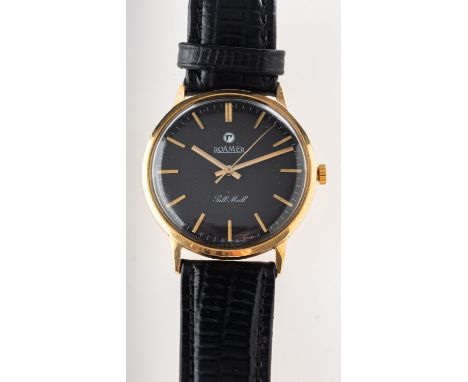 Roamer. A 14k gold cased vintage Roamer Pall Mall wristwatch, black dial with gold batons and hands, outside of backplate mar
