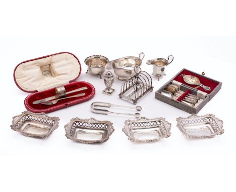 A mixed group of silver and silver plate; including four rectangular bonbon dishes by Goldsmiths & Silversmiths Company Ltd, 