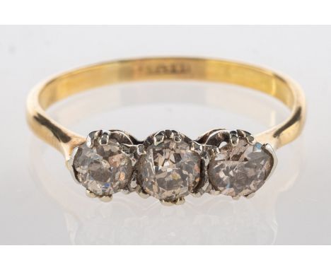 A three stone diamond ring, set with three old-cut diamonds, diamonds approx. 0.55 carat total, indistinctly marked 18ct & Pl