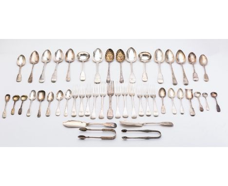A mixed group Exeter silver flatware, various dates and marks mostly early 19th century; including a pair of Fiddle pattern s