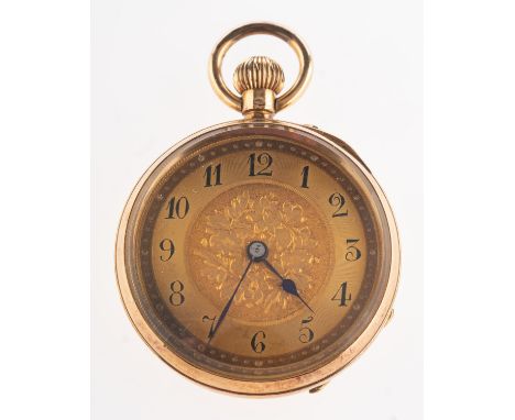 An 18ct gold open-faced pocket watch with floral and foliate engraved dial and engine turned engraving to backplate, inside o