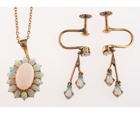 A group of three items of opal jewellery, including a pair of screw back drop earrings each set with a circular-cut and two p