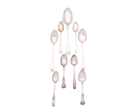 A mixed group of Scottish silver flatware; including a pair of Old English pattern dessert spoons by James McKay Edinburgh 18