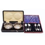 A mixed group of silver; including cased pair of silver bon bon dishes,