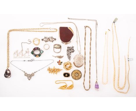 A mixed group of jewellery including Ciro and Dior, including a small Victorian brooch with a central leaf design set with se