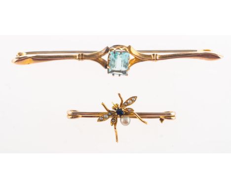 Two antique brooches, including an insect brooch set with a circular-cut sapphire, a pearl and seed pearls, unmarked & untest