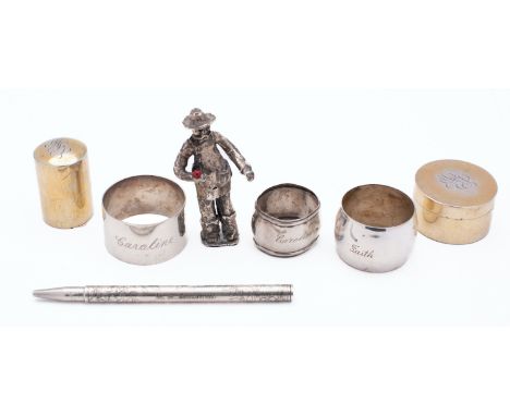 A mixed group of silver; including two silver gilt pots with pull off lids by John Collard Vickery, London 1908, an American 