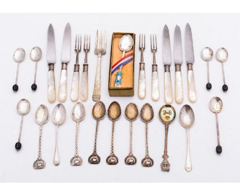 A mixed group of silver; including a set of six Arts and Crafts Celtic design coffee spoons by Amy Sandheim Ltd, London 1933-