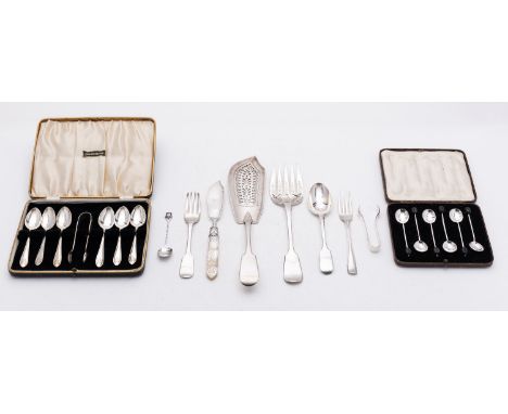 A small group of silver flatware; including a matched pair of London Fiddle pattern fish serving knife and fork, two dessert 