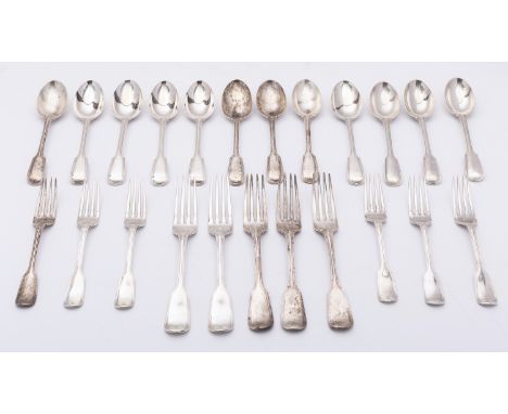 A Victorian part matched canteen of Military Fiddle and Thread pattern, various dates and makers; comprising four table forks