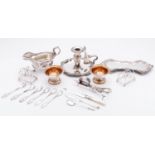 A mixed group of Sheffield plate and silver plate; including a chamberstick, candle snuffer tray,