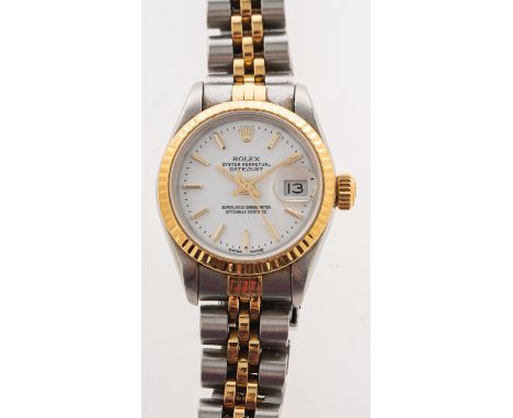 Rolex a lady's two-tone Oyster Perpetual wristwatch the white dial with date aperture, sweep seconds hand, raised baton numer