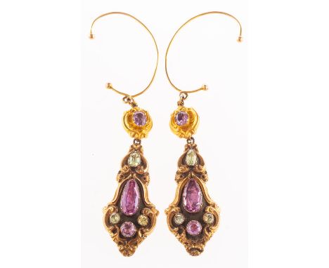 A pair of antique chandelier drop earrings, ornately designed and set with a mixture of pear-shaped, oval-cut & circular-cut 
