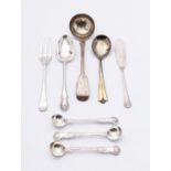 A mixed group of silver flatware; including three Elizabeth II Kings pattern salt spoons,