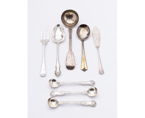 A mixed group of silver flatware; including three Elizabeth II Kings pattern salt spoons, a Victorian Fiddle pattern toddy la