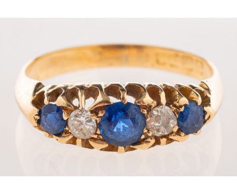 An antique five stone ring, set with two old-cut diamonds and three circular-cut synthetic sapphires, indistinct UK hallmark,