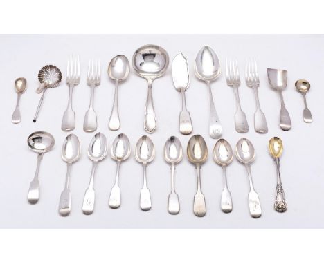 A mixed group of silver flatware; early 19th century- four Victorian Fiddle pattern dessert forks by Josiah Williams & Co (Ja